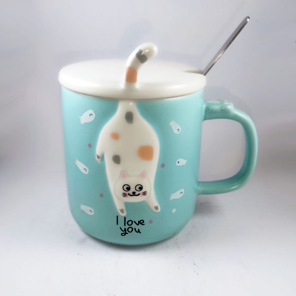 Κεραμική κούπα γάτα με καπάκι και κουτάλι